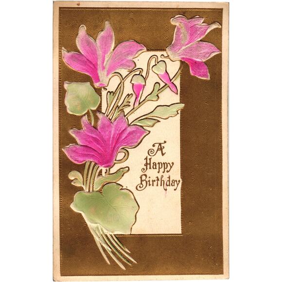 A Happy Birthday Postcard Made in Germany Floral Embossed Unposted Noted 1917 - Picture 1 of 2